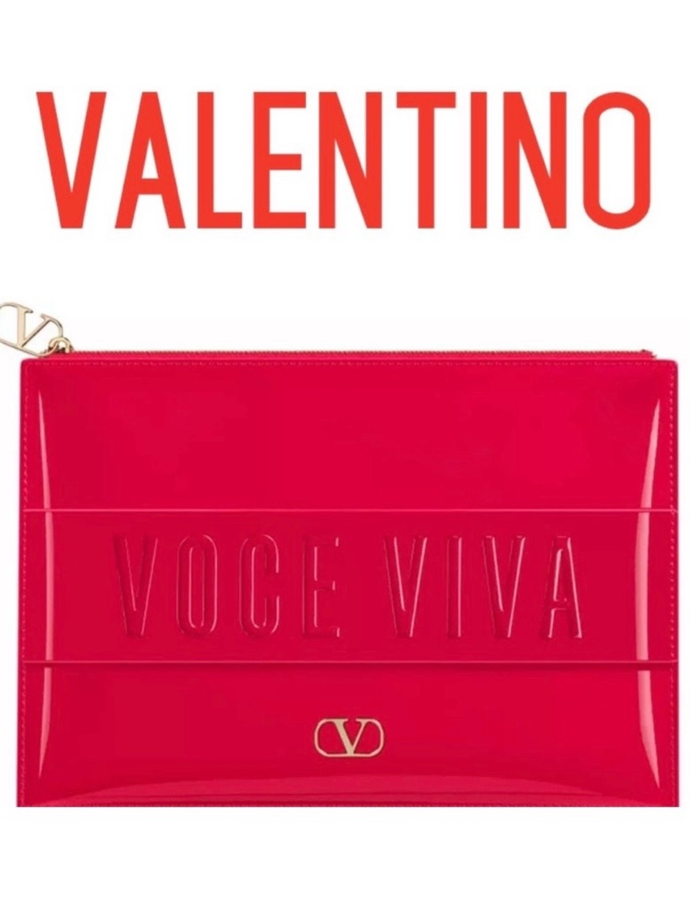 Valentino Voce Viva cosmetic pouch with an embossed logo panel and a gold-tab